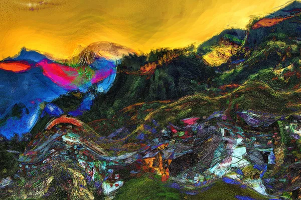 Horská Vesnice Abstraktní Malba Digitální Umělecké Dílo — Stock fotografie