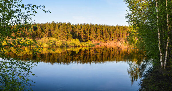 Spring panoramic water landscape of Central Russia. Panorama of the river in may in the national Park "Meshchersky".