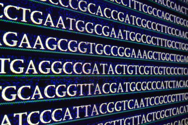 Laboratuvarda genomunun sıralanıyor. Nükleotit sembollerin genlerinde dizisi temelleri.