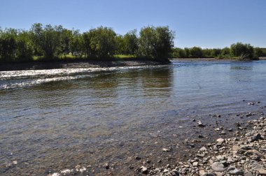 Ural Nehri 'nin kuzeyinde çakıl taşlı bir sahil. Kokila Nehri Kutup Urallarının batı yamacından akar..