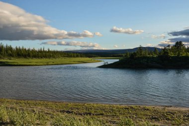 Yamal Yarımadası manzara. Kutup Uralsky Doğa Parkı Shchuchya Nehri.