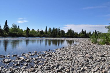 çakıllı kıyılarından Kuzey nehirden. Yaz nehir manzara polar Uralların.