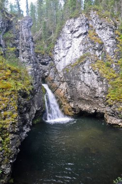 Şelale kayalarda. Milli Park Yugid-Va Kuzey Urallarda.
