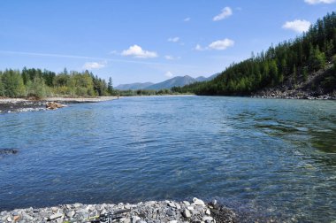 bir dağ nehir kıyısında çakıl. Rusya, Yakutya, ridge suntar-khayata.