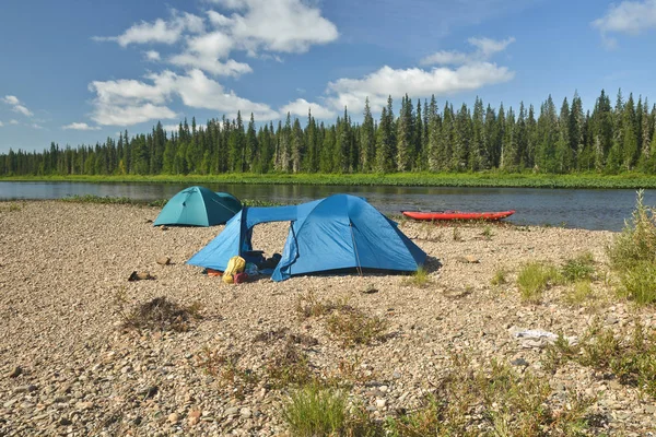 Kayak Tent River Bank Parking Travelers National Park Yugyd — Stock Photo, Image