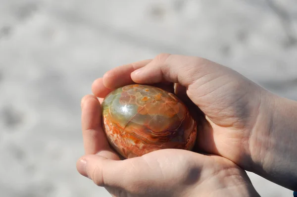 Easter Jasper Egg Illuminated Sun Lies Child Hand — Stock Photo, Image