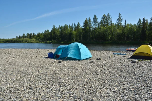 Tents Banks Northern River Camp Tourists Gravel Polar Urals Russia — Stock Photo, Image