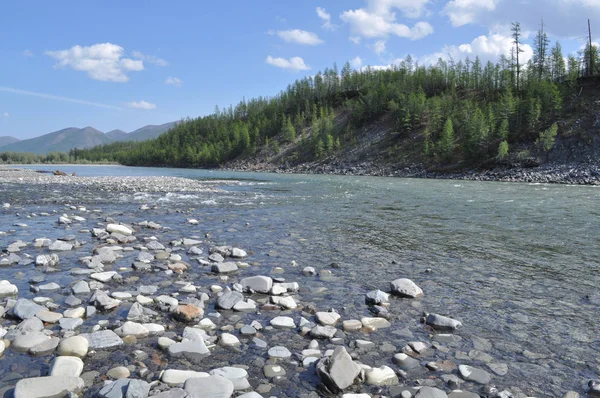 Pebble Bank Mountain River Russia Yakutia Ridge Suntar Khayata — Stock Photo, Image