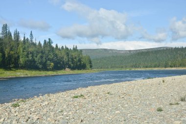 Dağ Tayga Kuzey Uralların nehirde. UNESCO Dünya Mirası Site Virgin Komi ormanlar.