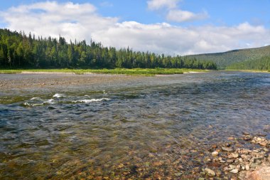 Nehir Shchugor dağ Tayga Kuzey Uralların içinde. Milli Park Yugyd-Va, Unesco Dünya Mirası Site Virgin Komi ormanlar.