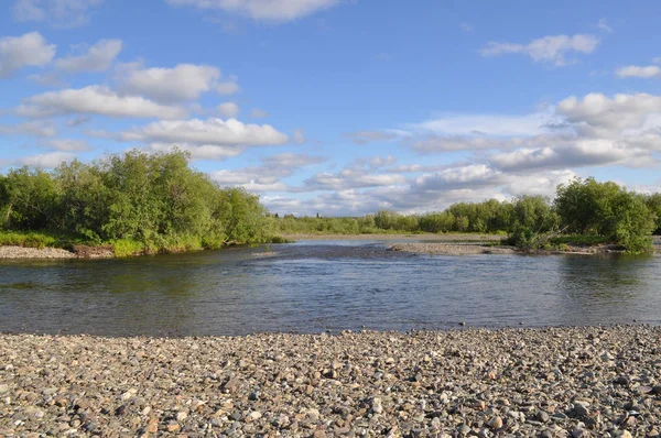 Wilde Flusslandschaft Polaren Ural Das Kiesige Ufer Des Nördlichen Flusses — Stockfoto