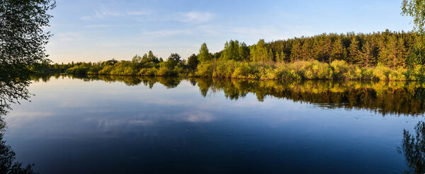 Spring panoramic water landscape of Central Russia. 