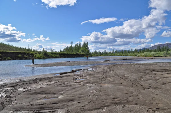 Landskap av floden med sandbankar. — Stockfoto