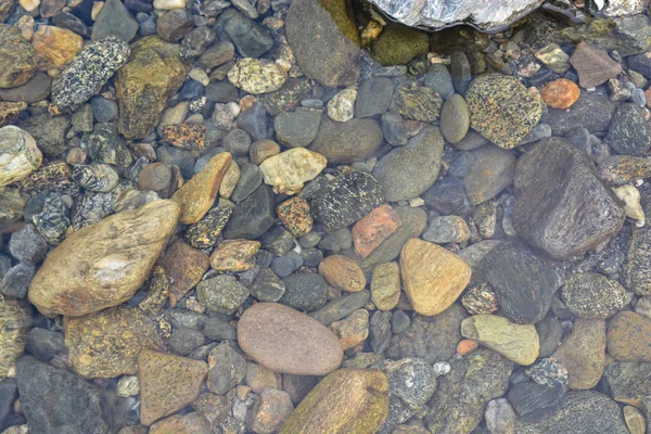 Fondo de guijarros brillantes en el fondo del río . — Foto de Stock