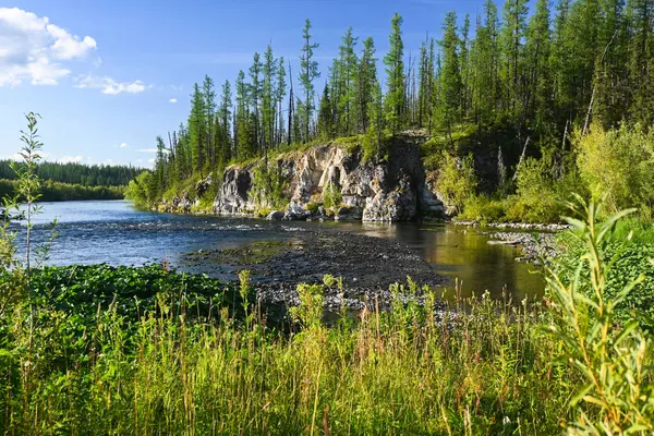 莱姆瓦河上的岩石亚极乌拉尔地区河流上游的岩岸 — 图库照片
