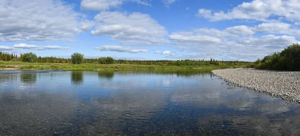 北タイガ川の夏のパノラマ 水の風景 野生の川の銀行 — ストック写真