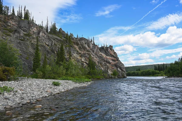 Lemva River Bankası. Ural bölgesinin kuzeyindeki Komi Cumhuriyeti 'nde bulunan Tayga nehri..
