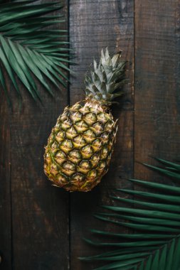 Olgun ananas, palm çerçeve koyu ahşap arka plan üzerinde bırakır. Tropikal meyve yaratıcı kavramı.