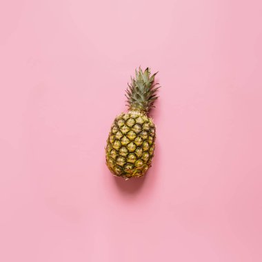Olgun ananas izole pastel pembe arka plan üzerinde. Minimalist tarzı moda tropikal kavramı. Metin, kopyalama, yazı için oda.