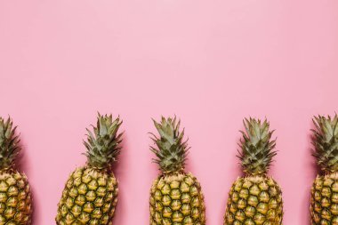 Olgun ananas izole pastel pembe arka plan karede kenarlık. Minimalist tarzı moda tropikal kavramı. Metin, kopyalama, yazı için boş alan.