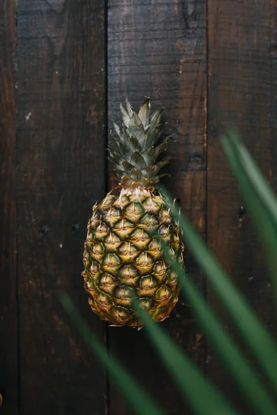 Olgun ananas, palm çerçeve koyu ahşap arka plan üzerinde bırakır. Tropikal meyve yaratıcı kavramı.