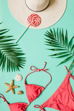 Kırmızı, pembe bikini takım, lolipop, düz açık mavi renkli deniz yıldızı. Kopyalama, metin, yazı için boş alanı. Dikey poster, afiş, kartpostal şablonu.