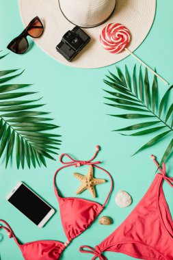 Kırmızı, pembe bikini takım, lolipop, güneş gözlüğü, smartphone, ince tabaka fotoğraf makinesi, düz açık mavi renkli şapka. Kopyalama, metin, yazı için boş alanı. Yaz tatil kavramı.