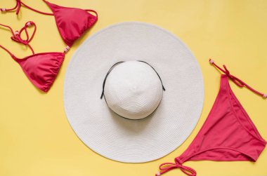 Akuamarin bikini mayo ve hasır şapka açık pembe renkli düzenlenmiştir. Minimalist tarzı yaratıcı kavramı.
