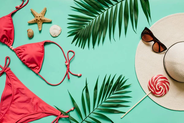 Red Pink Bikini Suit Lollipop Sunglasses Sea Star Plain Light — Stock Photo, Image