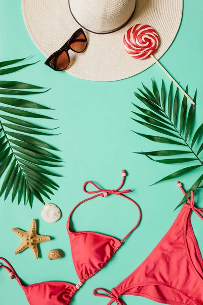 Red Pink Bikini Suit Lollipop Sunglasses Plam Leaves Plain Background — Stock Photo, Image