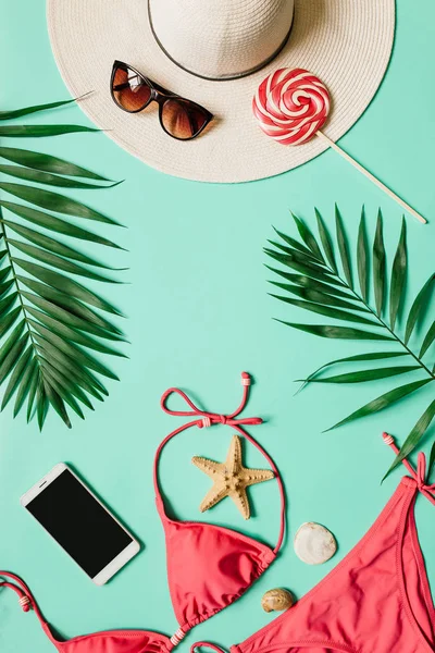 Red Pink Bikini Suit Lollipop Sunglasses Smartphone Hat Plain Light — Stock Photo, Image