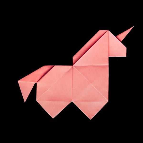 Yapımı Pembe Trendy Geometrik Poligonal Kağıt Origami Unicorn Izole Siyah — Stok fotoğraf