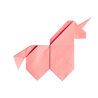 El yapımı ihale pembe trendy geometrik poligonal kağıt origami unicorn izole beyaz arka plan üzerinde