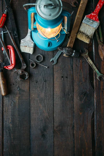 Herramientas Vintage Sobre Fondo Madera Marrón Oscuro Concepto Del Día — Foto de Stock