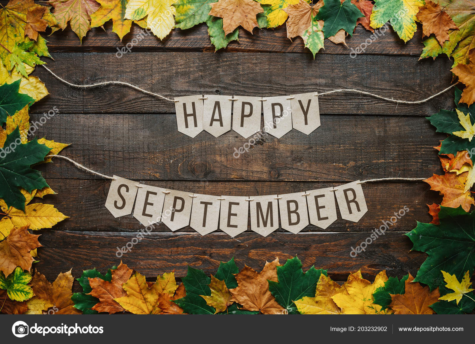 Happy September Lettering Paper Cardboard Eco Garland Autumn Leafs