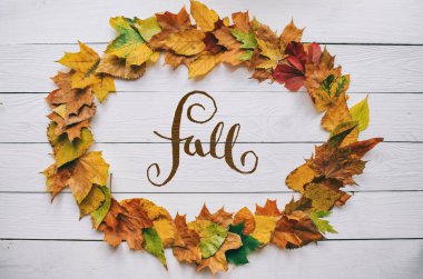 El ile yazılmış modern hat kuru yaprakları oval çelenk çerçeve beyaz rustik ahır ahşap boşlukları arka plan boyalı renkli sonbahar sonbahar. Yatay kartpostal.