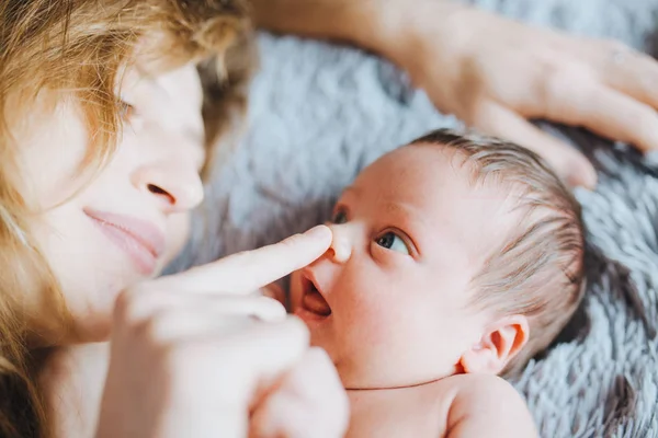 Mother Touches Her Baby Infant Nose Mother Plays Child — Stock Photo, Image