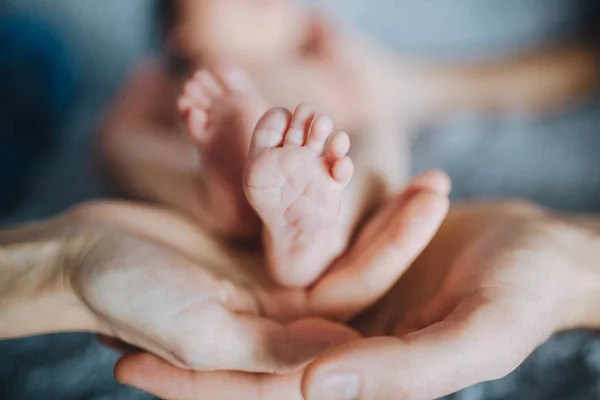 Matka Otec Drží Své Malé Dítě Nohy — Stock fotografie