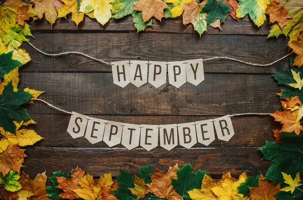 Happy September Lettering Paper Cardboard Eco Garland Autumn Leafs Border — Stock Photo, Image