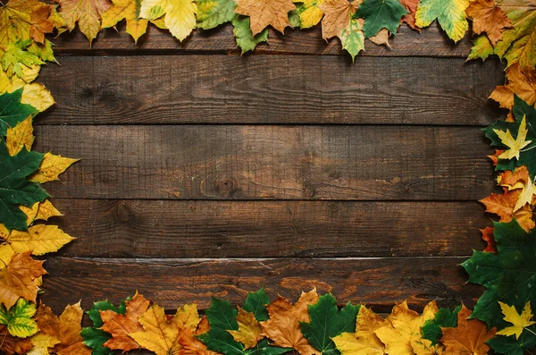 Autunno Giallo Rosso Verde Foglie Cornice Bordo Sfondo Tavole Legno — Foto Stock