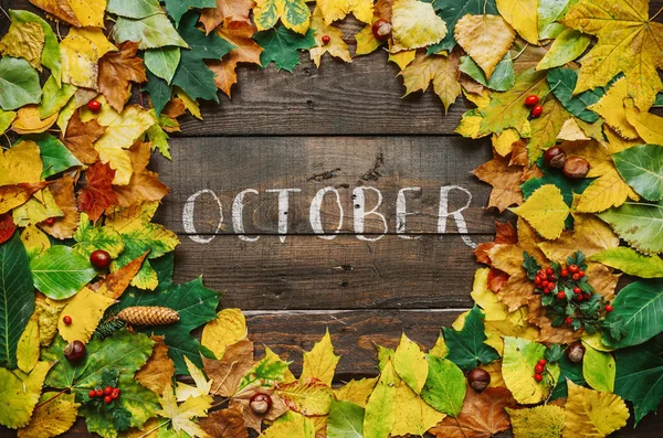 Sonbahar sarı kırmızı yeşil çelenk koyu kahverengi ahır ahşap plakalar arka plan üzerinde yapraklar. Yatay kartpostal şablonu. Kopyalama, metin, yazı için boş alan.