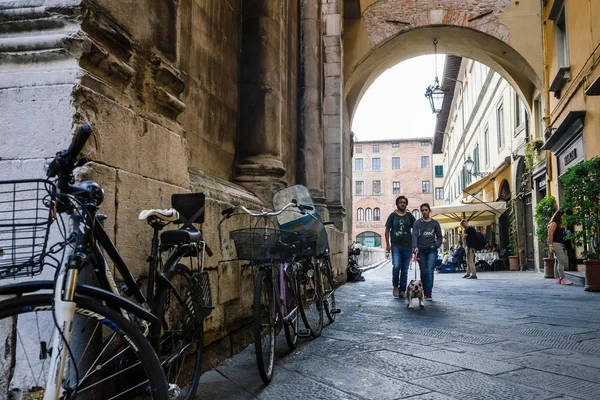 Lucca Italië Oktober 2017 Koppel Met Een Hond Loopt Straat — Stockfoto