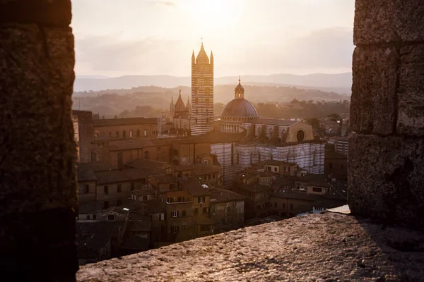 在日落黄金时间 意大利托斯卡纳 从托雷德尔曼贾塔看到锡耶纳大教堂圣玛丽亚 阿松塔 大教堂 的风景如画的背光景色 景区旅游景区水平明信片 — 图库照片
