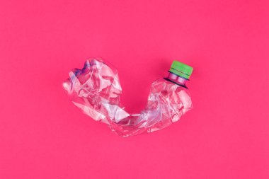 Ezilmiş Pet Şişe closeup canlı pembe mor zemin üzerine. Plastik koleksiyonu moda çekici kavramı.