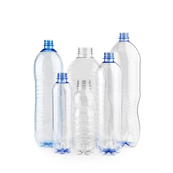 Шість Різноманітних Нових Невикористаних Блакитних Порожніх Пластикових Пляшок Кришок Білому — стокове фото