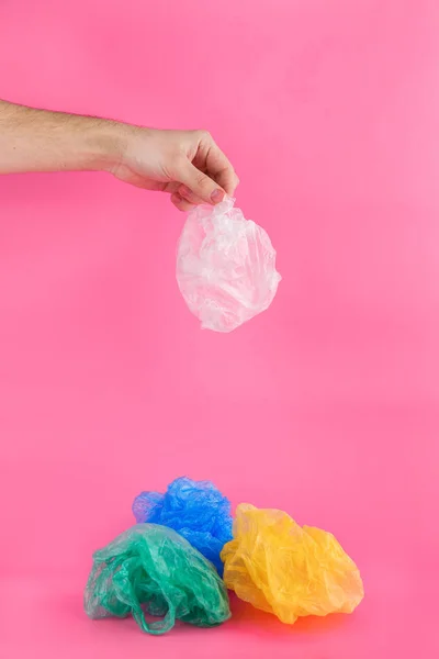 Man Hand Holding White Smashed Plastic Bag Midden Going Throw — Stock Photo, Image