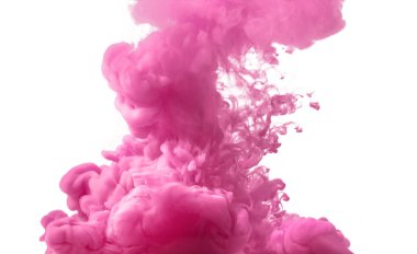 Beyaz arka planda izole edilmiş pembe akrilik boya bulutu. Asgari yaratıcı kavram.