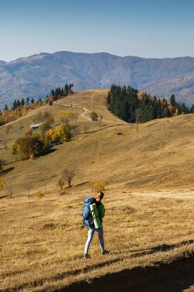 Wanderin Mit Großem Rucksack Wandert Herbst Den Bergen Vertikale Szenenaufnahme Stockfoto