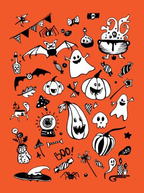 Cadılar Bayramı öğeleri, pumpkins, mantar, tatlılar, kafatasları, yarasalar, zehir, dahil olmak üzere büyük vektör koleksiyonu hayaletler. Vektör çizim. İyi kartları, etiket kümeleri, kumaş üzerine yazdırır