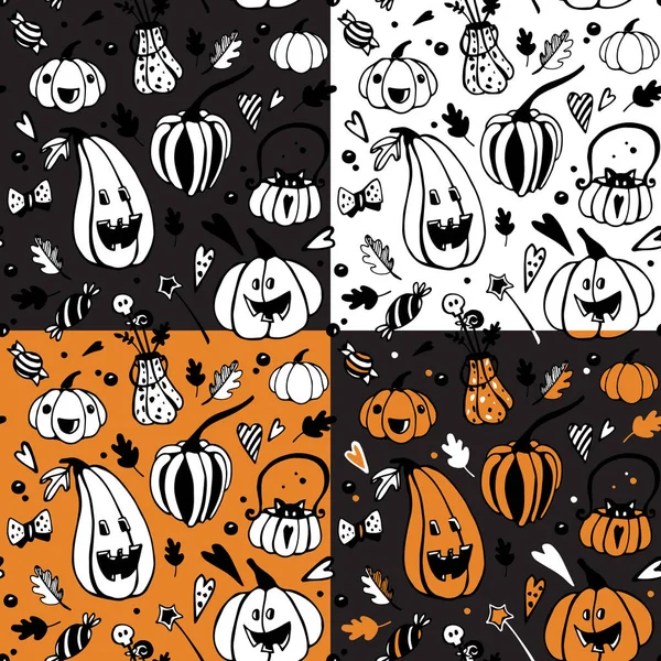 Set Halloween Seamless Patterns Different Pumpkins Vector Seamless Background Endless — Stock Vector